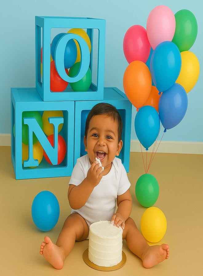 Flyloons One Balloon Box for 1st Birthday Decoration Baby Boys Kids Twins Year Transparent Plain Letter Balloon 3 Pcs Blue Box Glue Dots Arrangement Set Items - Image 3